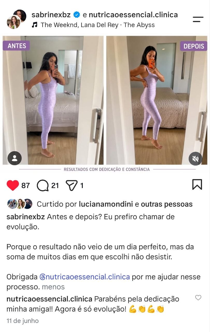 Publicação de Sabrina mostrando sua evolução